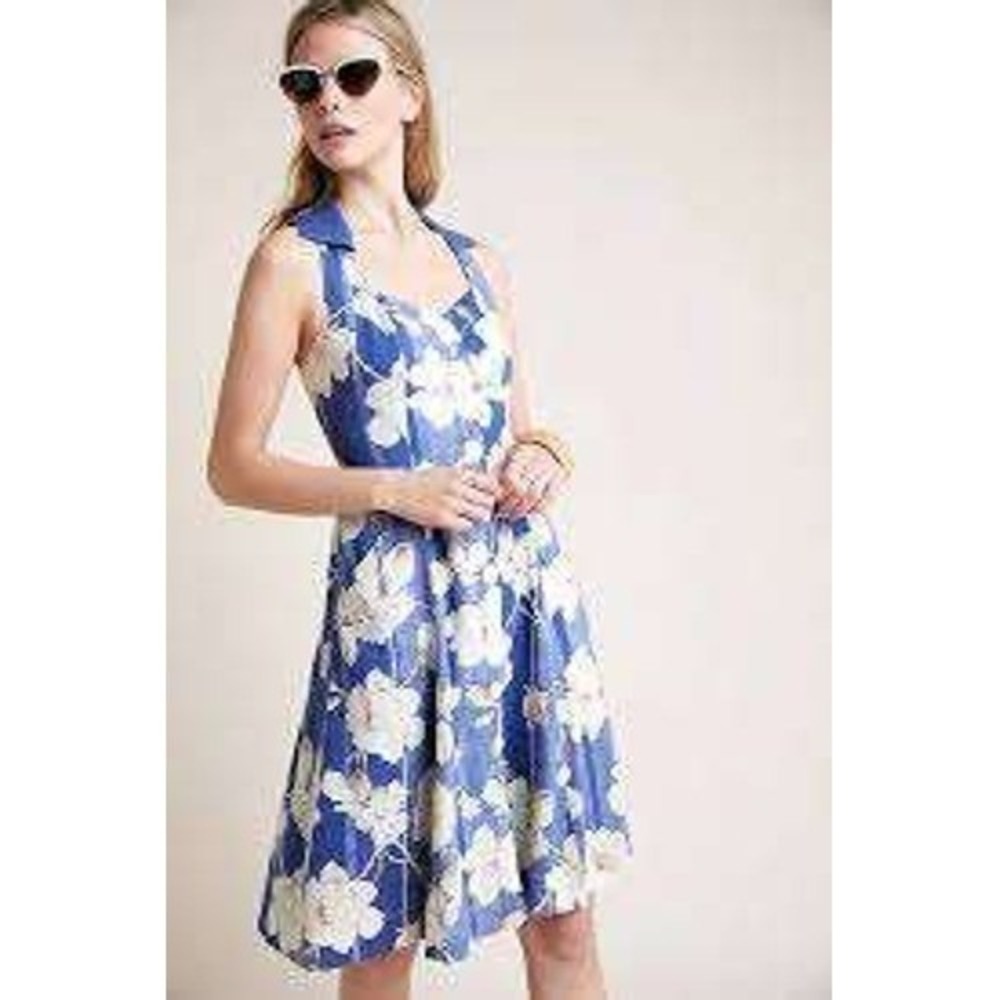 Anthropologie Blue Floral Camellia Collared Dress Pockets SZ 4P Rockabilly